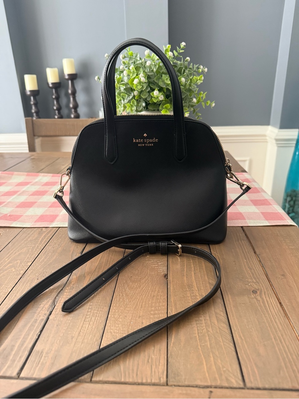 kate spade Black Saffiano Leather Medium Dome Satchel with Crossbody Strap